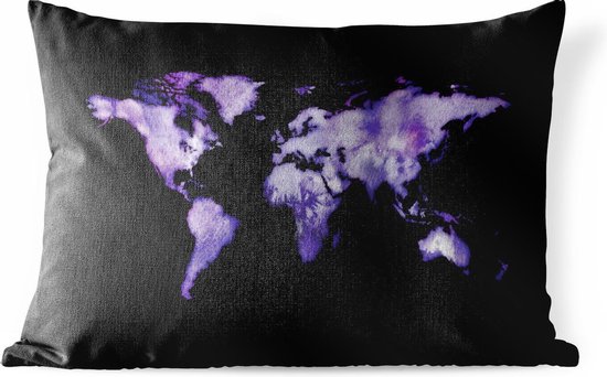 Buitenkussens - Tuin - Waterverf wereldkaart donkerpaars op zwarte achtergrond - 50x30 cm