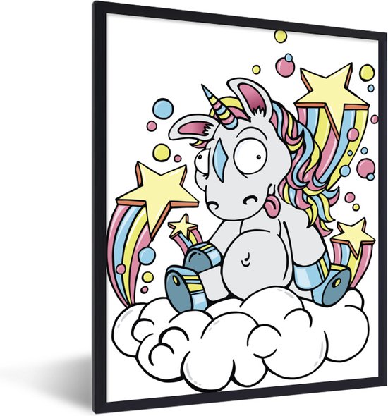 Fotolijst incl. Poster - Een illustratie van een witte eenhoorn op een wolk - Meiden - Kinderen - Kids - 60x80 cm - Posterlijst