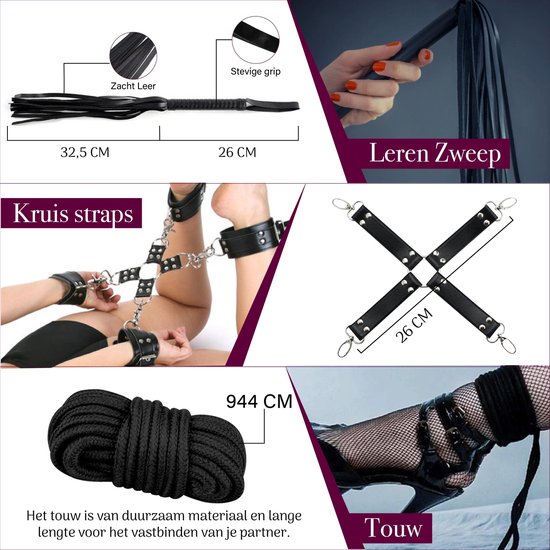 Instructies voor BDSM-accessoires: zweep 32,5cm, grip 26cm; kruisbanden; touw van 944cm; zachte polsband.