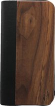 Étui à rabat design en bois, iPhone 12 pro max - Noyer avec cuir noir