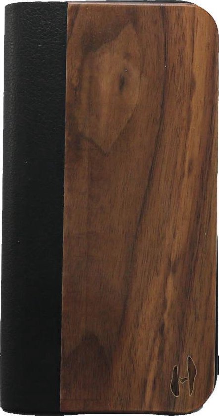 Houten design flip case, iPhone 12 pro max – Noten met zwart leer