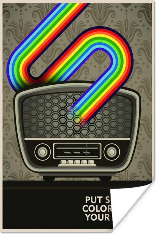 Poster Radio - Regenboog - Vintage - Muziek - Put some colors in your life - Quotes - 20x30 cm