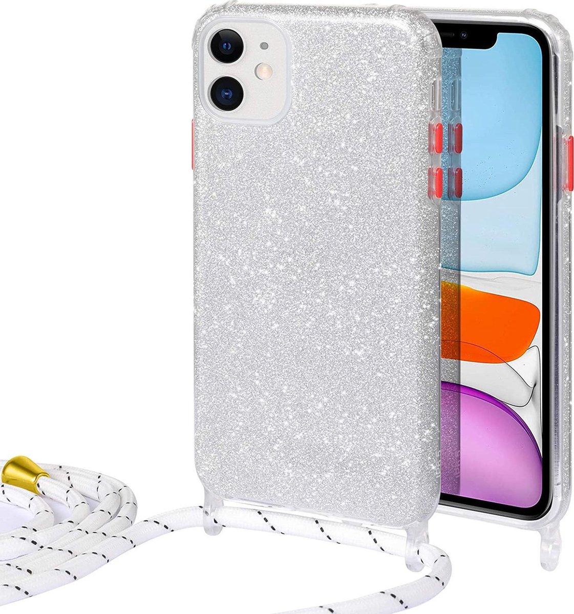 HB Hoesje Geschikt voor Apple iPhone 12 Mini - Zilver - Glitter Back Cover met Koord