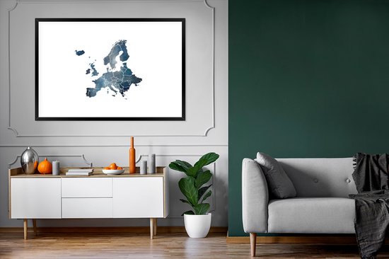 Fotolijst incl. Poster - Kaart Europa - Blauw - Aquarelverf - 120x80 cm - Posterlijst