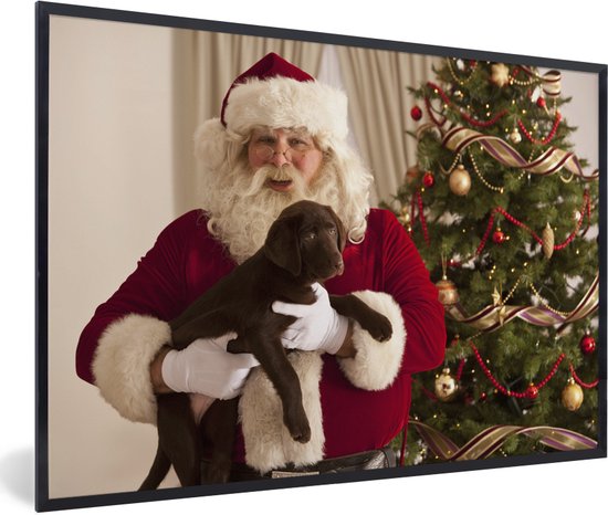 Cadre photo - Père Noël avec un chien brun dans ses mains Cadre photo noir  120x80 cm -... | bol.com
