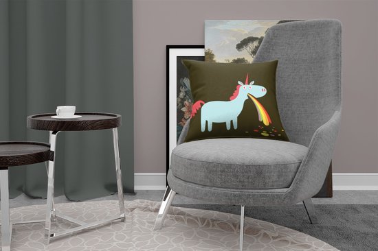 Sierkussen Licorne illustration pour usage intérieur - Une illustration d'une licorne vomissant - 45x45 cm - Coussin intérieur carré en coton