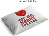 2 x kussenhoes 40 x 40 cm - wit/beige met aardbei -hoes voor sierkussen - set van 2 stuks - kussen met grappige tekst