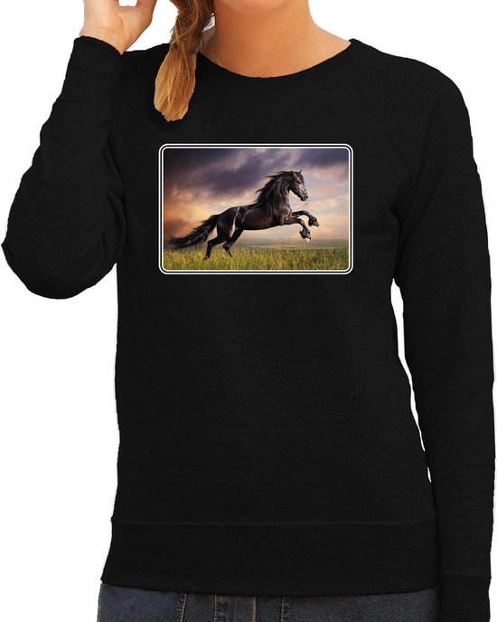 Dieren sweater met paarden foto - zwart - voor dames - natuur / paard cadeau trui - kleding / sweat shirt L