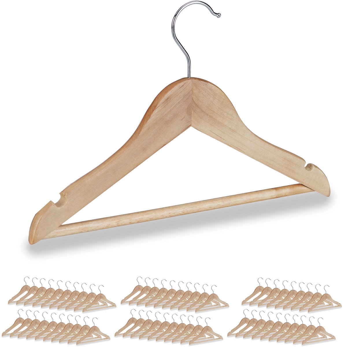 60x kinderkledinghanger - kledinghangers hout - set - broeklat - draaibare haak