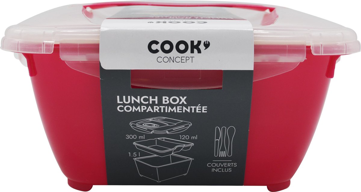 Cook - lunchbox - 1,5L - 3 vakken - rood/roze - salade - snackbowl - klipdeksel