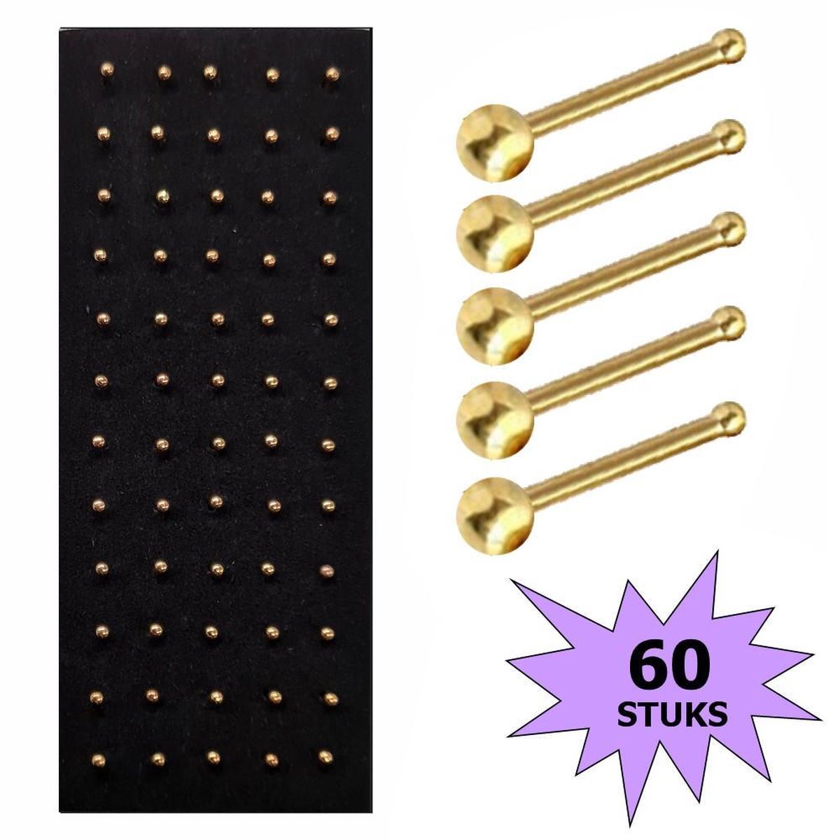 Fako Bijoux® - Neuspiercing - Stud - Staafje RVS - Staal - 2mm - Goudkleurig - 60 Stuks