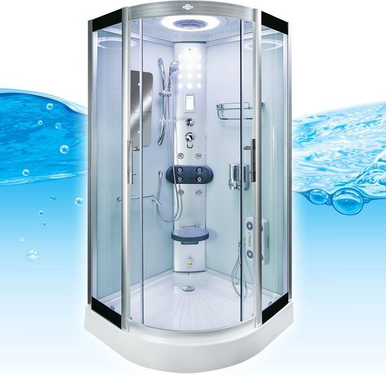 Stoomcabine 90X90X215 Palma. Luxe Stoomdouche, MENGKRAAN Uitvoering, Kit-Vrij, Wit, Veiligheidsglas, LED, Radio, Speakers, Zitje, Massage, Hoekmodel, Kwartrond, Schuifdeuren, Douchebak, Afvoer, Sifon, A Kwaliteit, Full Options. Royal Sanitair