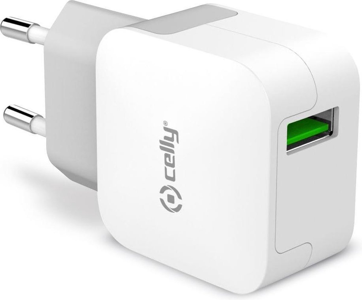 Celly USB-A Turbo Thuislader – 1 Groene USB-A oplaadpoort – Opladen met 2.4A - Wit