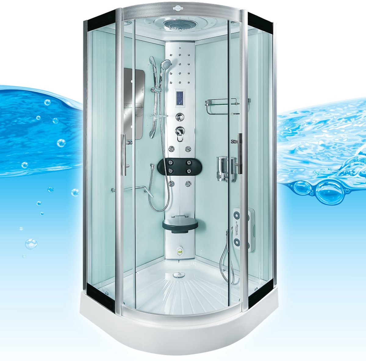 Complete Gesloten Douchecabine 90X90X215 Palma. THERMOSTAATKRAAN. Luxe, Kit-Vrij, Wit, Veiligheidsglas, LED, Radio, Speakers, Zitje, Massage, Hoekmodel, Kwartrond, Schuifdeuren, Douchebak, Afvoer, Sifon, A Kwaliteit, Full Options. Royal Sanitair