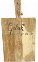 Rechthoekige stoere landelijke snijplank-hapjesplank met tekst gravure QUOTE: GELUK GEEF JE DOOR. Cadeau-verjaardag-bedankje. Het formaat is 25x45cm incl. handvat en 25x33cm excl. handvat