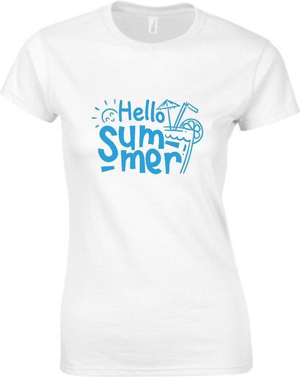 HELLO SUMMER Dames TSHIRT Neon tekst Zomer t-shirt- SMALL Blauw