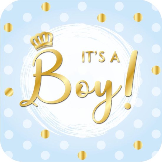 Blauw babydouchebord met gouden polkadots en de tekst 'It's a Boy!' met een gouden kroon.
