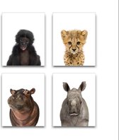 Schilderij  Set 4 Safari Baby Aapje Cheeta Nijlpaard Neushoorn - Kinderkamer - Dieren Schilderij - Babykamer / Kinder Schilderij - Babyshower Cadeau - Muurdecoratie - 30x20cm - Fra