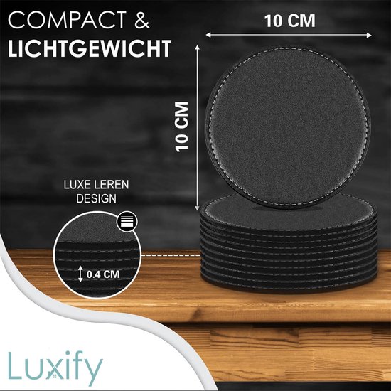 Luxe Leren Onderzetters met Houder - 10 stuks - Onderleggers voor Glazen - Glasonderzetters voor op Tafel - Coasters  - Zwart - Rond