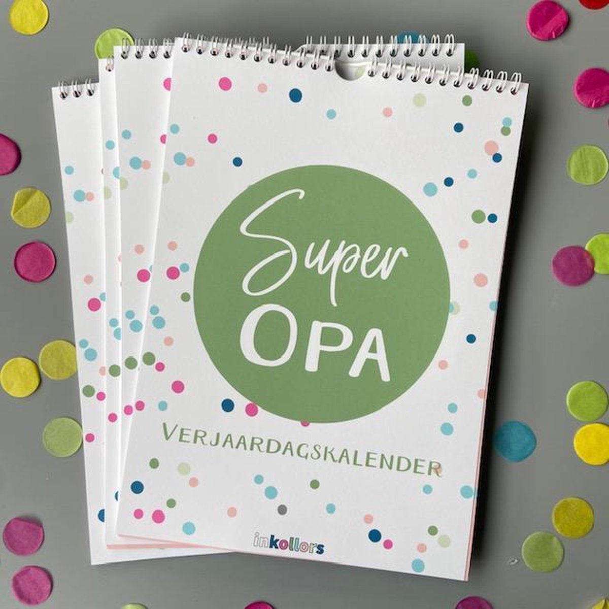 Verjaardagskalender - A4 - confetti - vrolijk - kalender - feest - familiekalender - verjaardag - inkollors - groen - opa - cadeau - kado