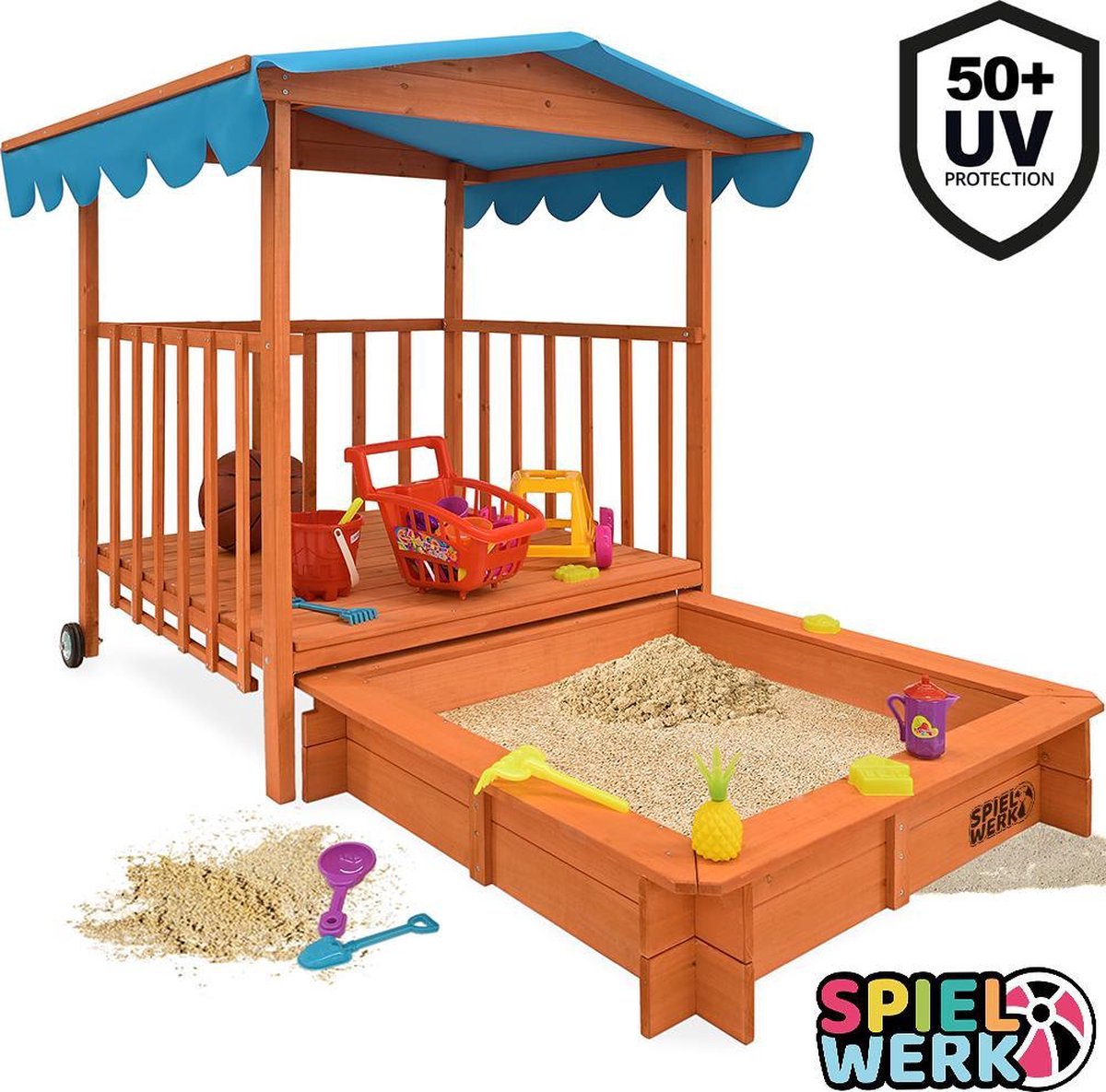 Spielwerk Zandbak met speelhuis en zwenkwielen - 130x130x143 cm - UV 50