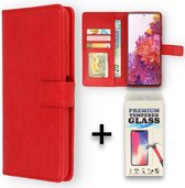 Samsung Galaxy S21 FE Hoesje Rood & Glazen Screenprotector - Portemonnee Book Case - Kaarthouder & Magneetlipje