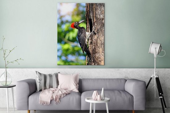 Peintures sur toile - Un pic noir avec une crête rouge dans l'arbre - 90x120 cm - Décoration murale