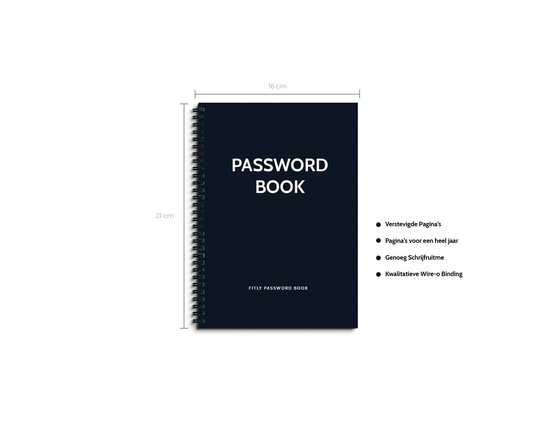 Donkerblauw notitieboek 'PASSWORD BOOK' met afmetingen 16x21 cm en bullet points.