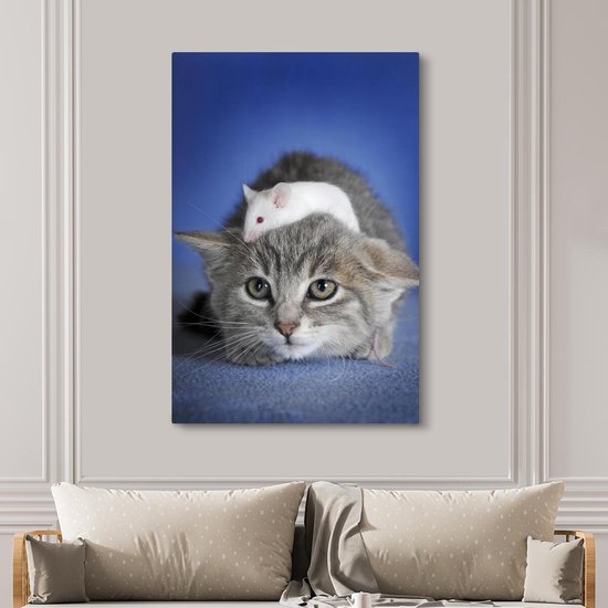 Toile chat et souris 2cm 120x180 cm - Tirage photo sur toile (Décoration murale salon / chambre) / Animaux sauvages Peintures sur toile XXL / Groot format!