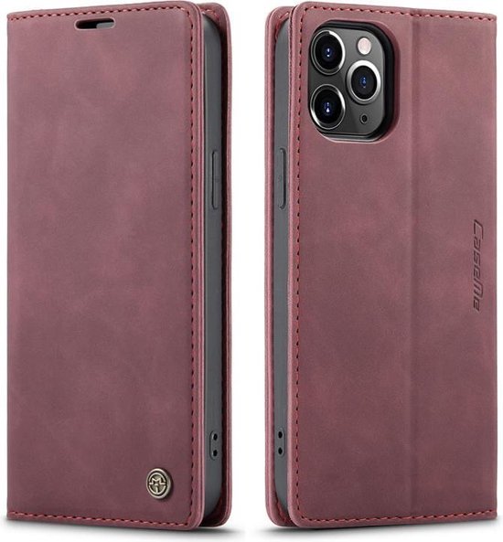 Étui portefeuille bordeaux mince à coutures rouges, ouvert et fermé, pour iPhone 12 Mini.