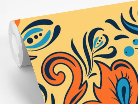 Motif carré et abstrait avec une fleur entourée de feuilles bleues sur fond jaune 225x350 cm