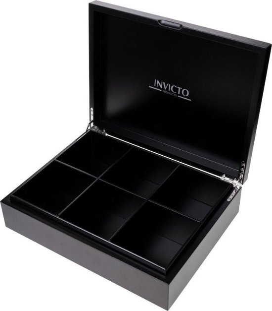 Invicto Products Theedoos 6 Vaks - Ruimte Voor 120 Theezakjes - Bamboe - Anti Slip en Anti Kras - Zwart