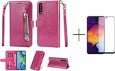 Glitter Bookcase voor Samsung Galaxy A50 | Hoogwaardig PU Leren Hoesje | Telefoonhoesje | Portemonnee | Roze + 1x screenprotector
