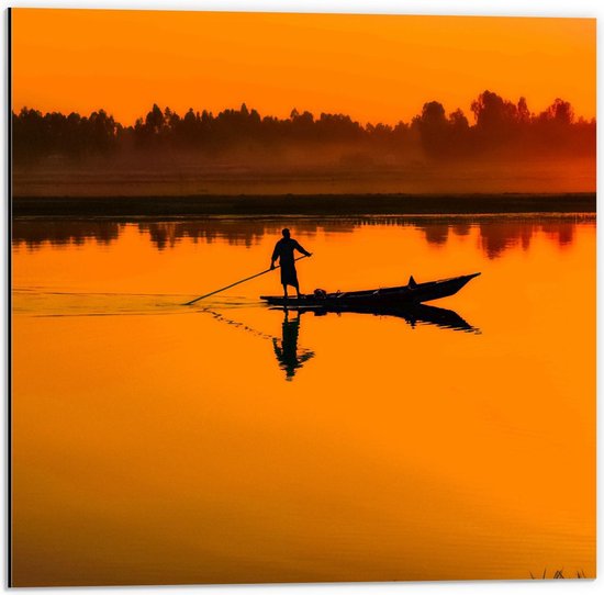 Dibond - Silhouet van Visser en zijn Boot - 50x50cm Foto op Aluminium (Met Ophangsysteem)