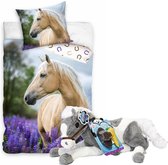 Paarden dekbedovertrek , beige Paard- witte Manen-140x200cm , 100% katoen- 1 persoons- dekbed- slaapkamer, incl. grote paarden knuffel - 60 cm -grijs/wit .