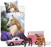 Paarden dekbedovertrek , beige Paard- witte Manen-140x200cm , 100% katoen- 1 persoons- dekbed- slaapkamer,  incl. Auto speelset Paarden-transport