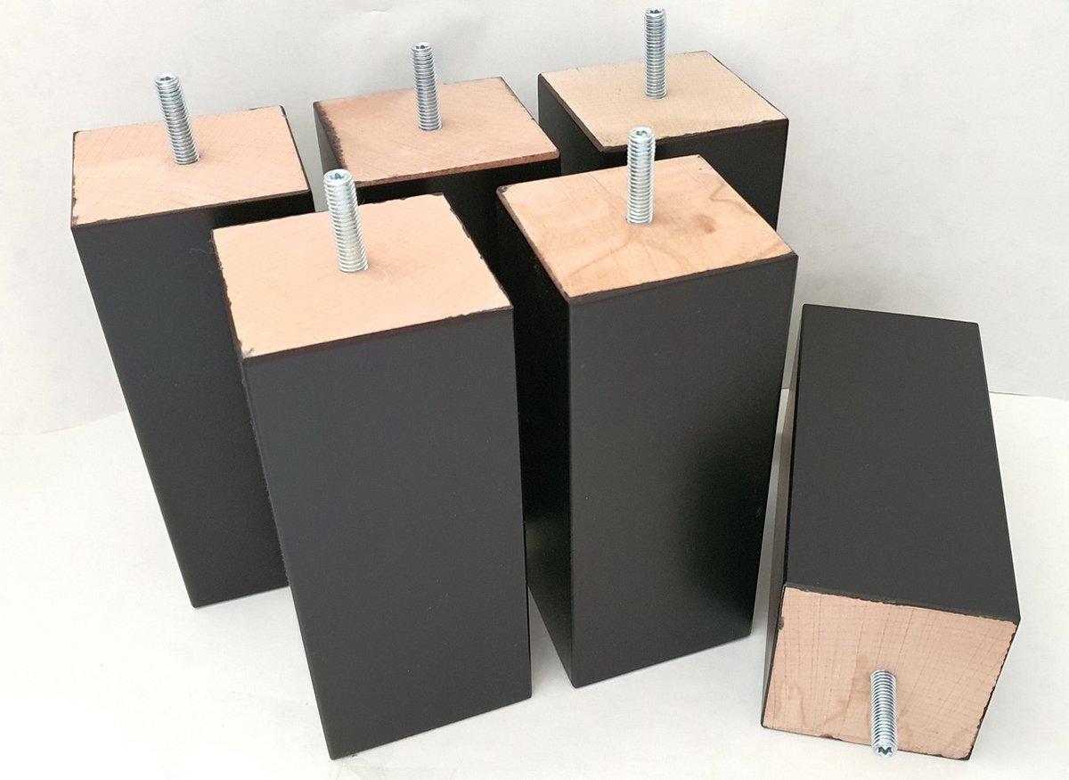 Set van 6 houten meubelpoten Zwart beuken 12 cm hoogte 5x5 cm met M8 draadeinde Boxspring bedden banken