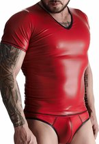 Regnes Fetish Planet – Wetlook Heren t-shirt met V-hals – Rood - Maat S