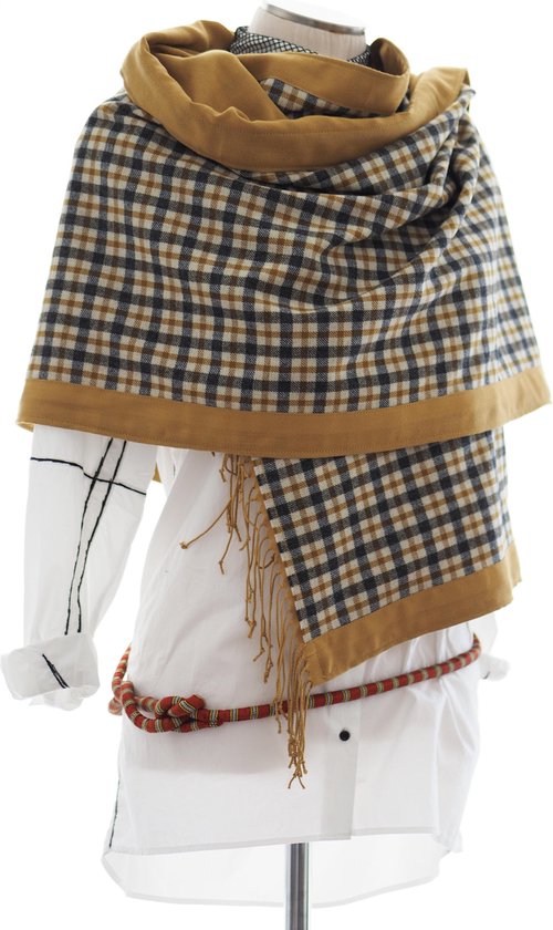 YELIZ YAKAR- Luxe dames sjaal/omslagdoek "Capra I"- dubbelzijdig - wol / cashmere -tartan- geel, beige en antraciet - designer kleding- trendy damesshawl - kerst sjaal- luxecadeau - kerstcadeau voor vrouwen