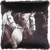 Clayre & Eef Sierkussen 45*45 cm Zwart, Wit Synthetisch Vierkant Paard Kussenhoes met Kussenvulling