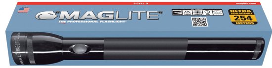 Zwarte Maglite zaklamp in verpakking met tekst "THE PROFESSIONAL FLASHLIGHT" en "ULTRA DISTANCE 204 METERS".