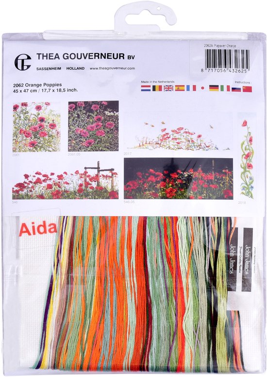 Thea Gouverneur - Borduurpakket met telpatroon - 433A - Voorgesorteerde DMC Garens - Pioenrozen - Aida - 82 cm x 20 cm - DIY Kit