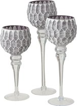 Luxe glazen design kaarsenhouders/windlichten set van 3x stuks lichtgrijs/zilver met formaat tussen de 30 en 40 cm