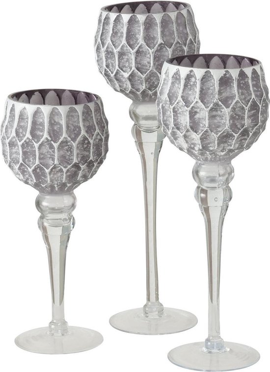 Luxe glazen design kaarsenhouders/windlichten set van 3x stuks  lichtgrijs/zilver met... | bol.com