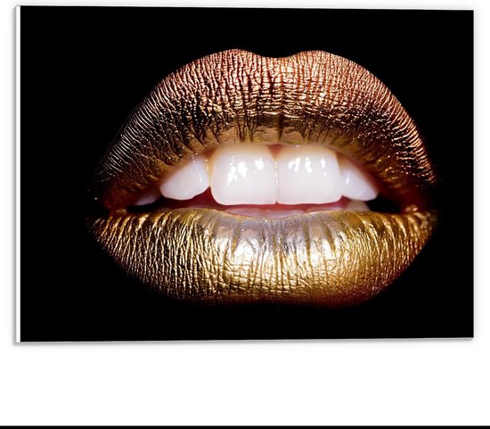 Forex - Gouden Lippen op Zwarte Achtergrond - 40x30cm Foto op Forex