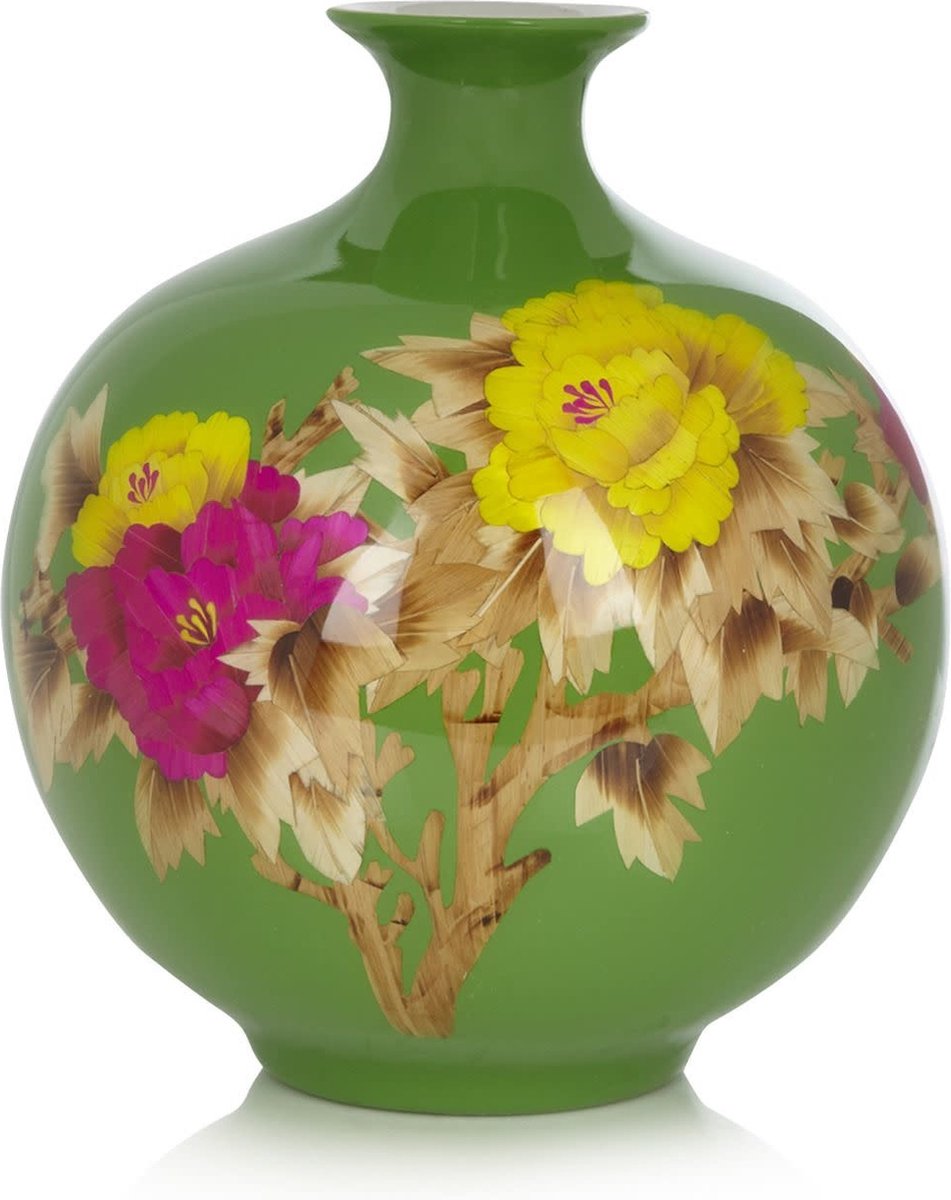 Fine Asianliving Chinese Vaas Porselein Handgemaakt Pioenrozen Groen H29.5cm