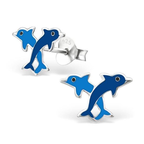 Aramat jewels ® - Kinder oorbellen dolfijnen 925 zilver kinderen blauw 8mm x 11mm