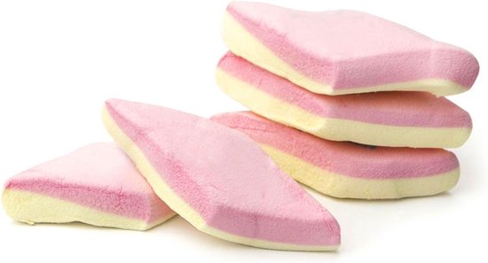 Stapel van vijf roze met gele Haribo Chamallows Ruitspek op een witte achtergrond.
