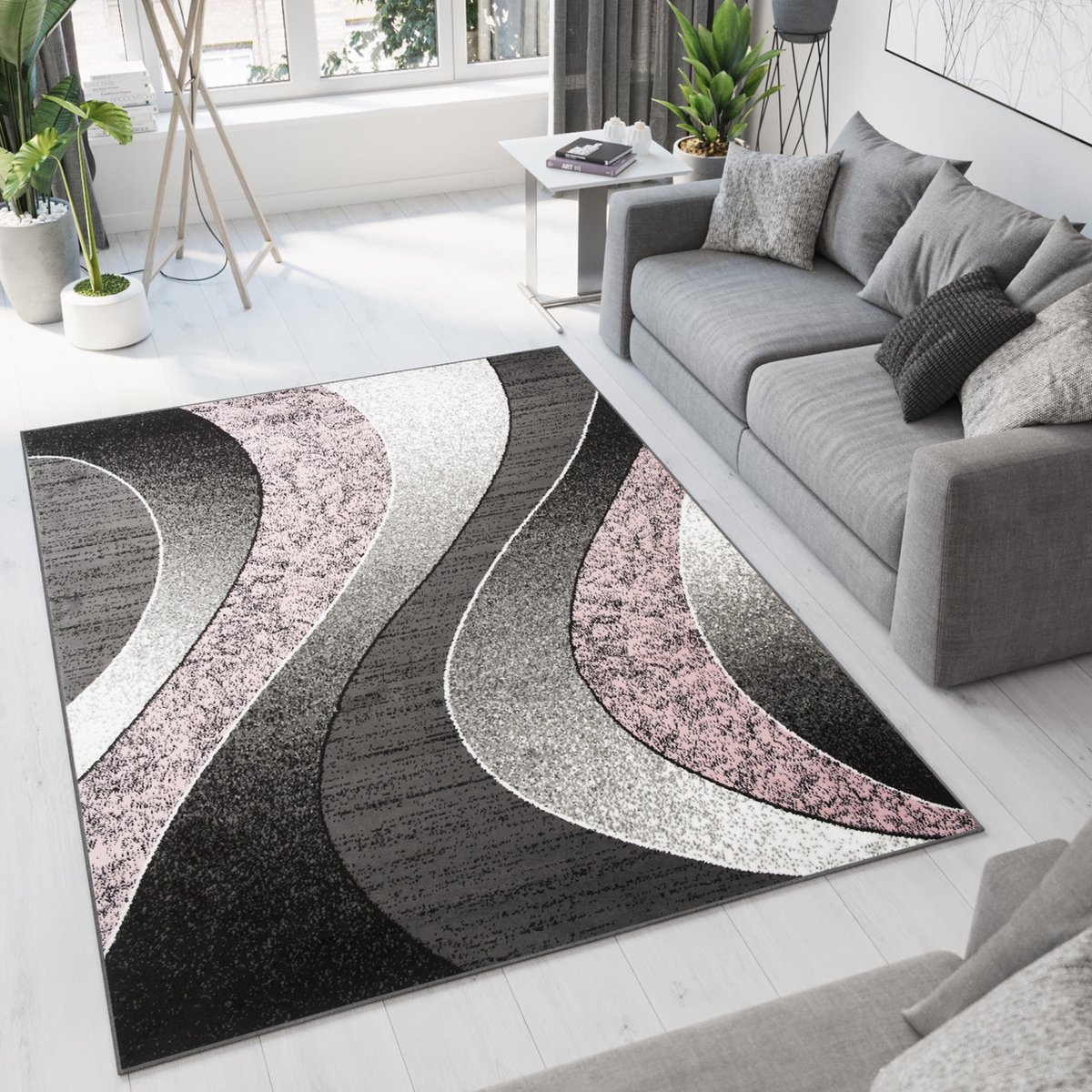 Tapiso Dream Vloerkleed Grijs Roze Modern Golven Woonkamer Tapijt Maat- 160x220
