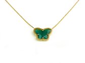 korte zilveren halsketting halssnoer collier geelgoud verguld Model Vlinder met donker groene steen